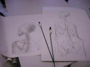 warm-up drawing made with charcoal on a stick using both hands to draw at the same time