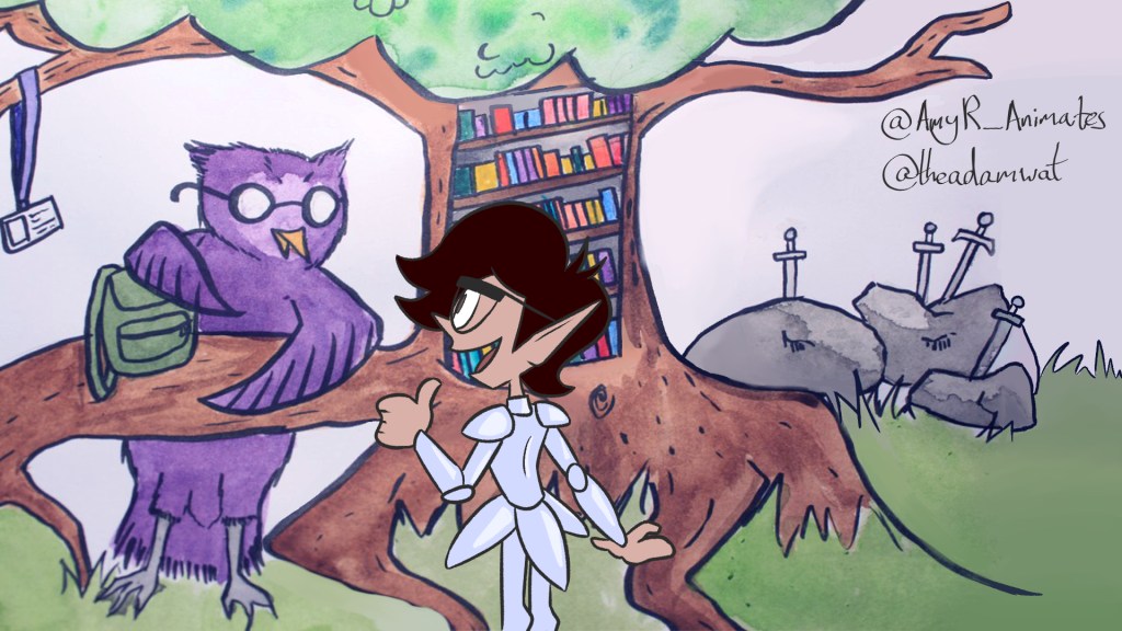 a hero meets a helpful owl that shares resources in a fantasy/library landscape